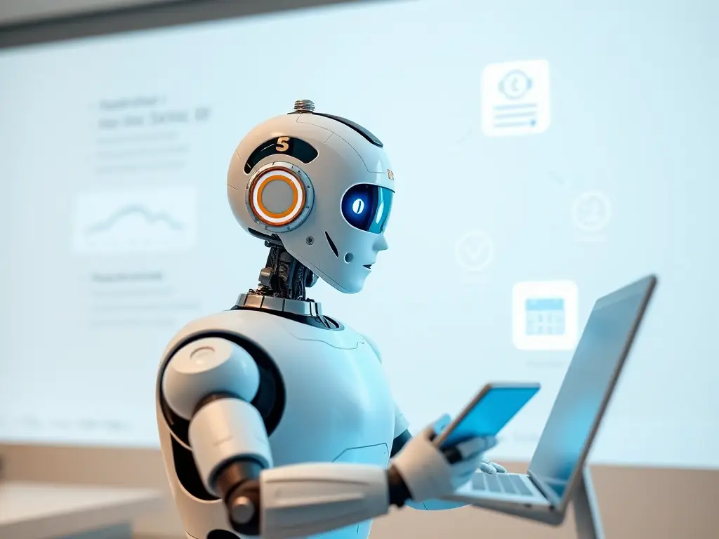 An illustration of an AI bot automating repetitive tasks, such as answering FAQs, scheduling appointments, and processing orders, showcasing its efficiency and time-saving benefits.