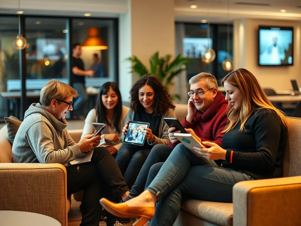 A visually striking image depicting a diverse group of people interacting with various digital devices (smartphones, tablets, laptops) displaying advertisements. The scene should convey a sense of connectivity and engagement, highlighting the reach of digital advertising.