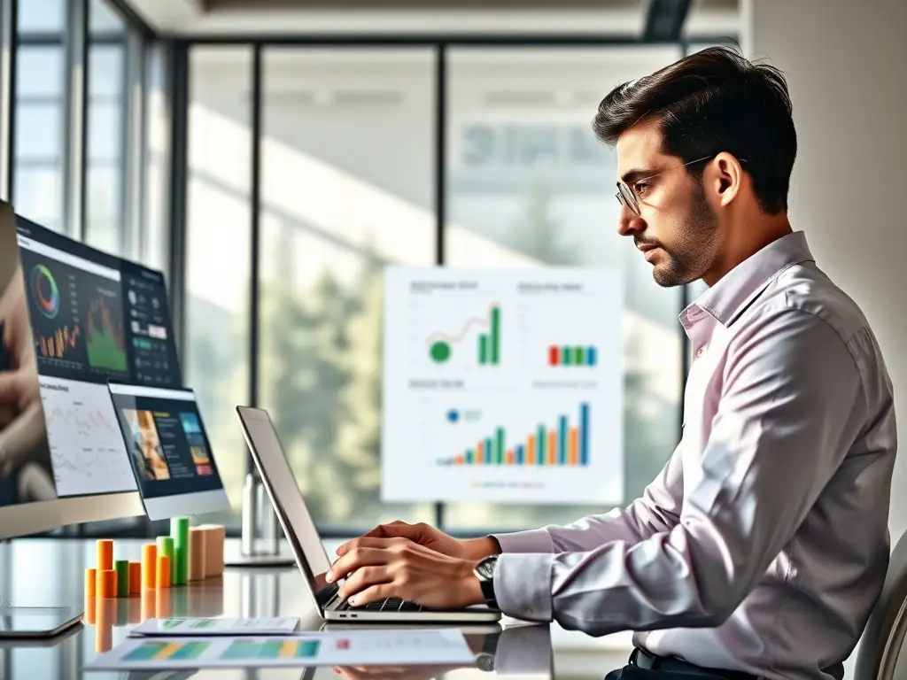 A focused SEO specialist is analyzing website data on a laptop, with charts and graphs illustrating keyword performance and traffic trends, in a modern office setting.