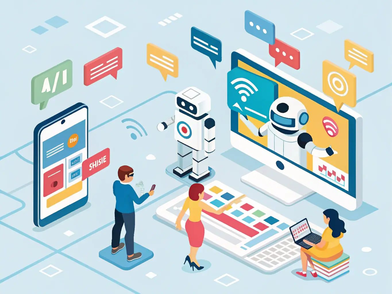 A visual representation of an AI bot seamlessly integrated into various communication channels (e.g., website chat, social media, messaging apps), emphasizing its omnichannel capabilities.