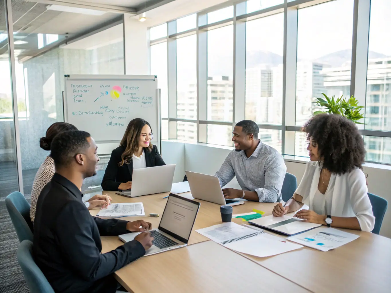 A diverse team collaborating in a modern office, symbolizing the agency's cohesive and unified approach.