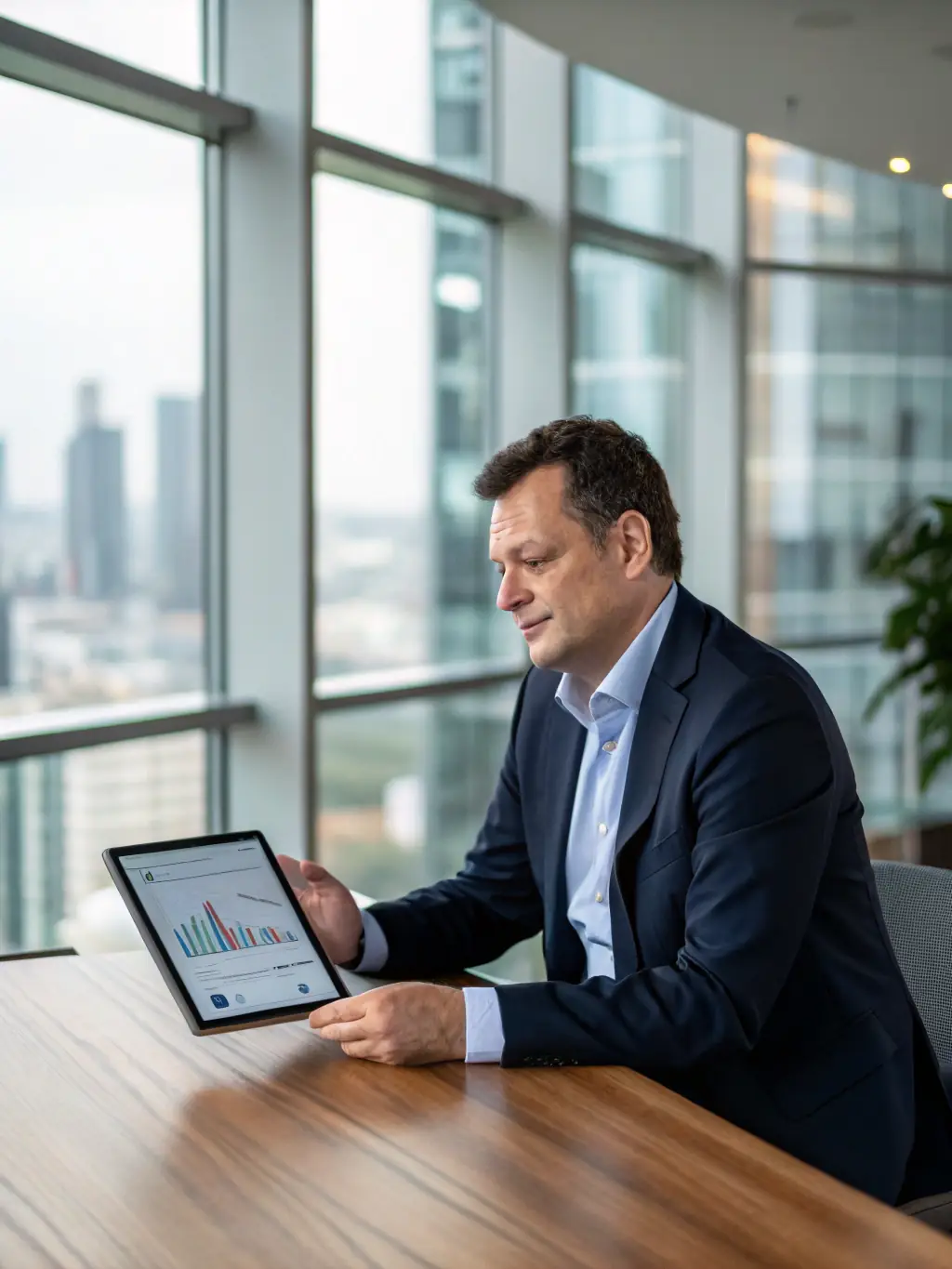 A financial advisor analyzing charts and graphs on a tablet, with a focus on ruble exchange rates and financial projections for the Russian market.