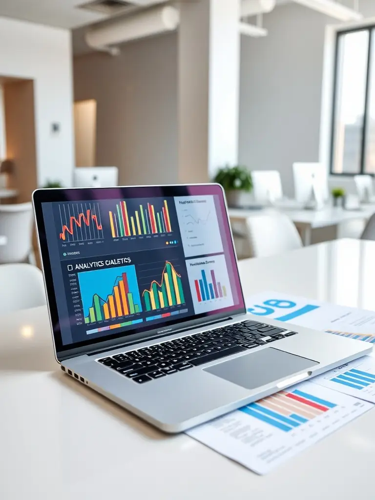 A professional photograph of a modern laptop displaying various digital marketing analytics dashboards, showcasing SEO and online advertising performance for the Russian market.