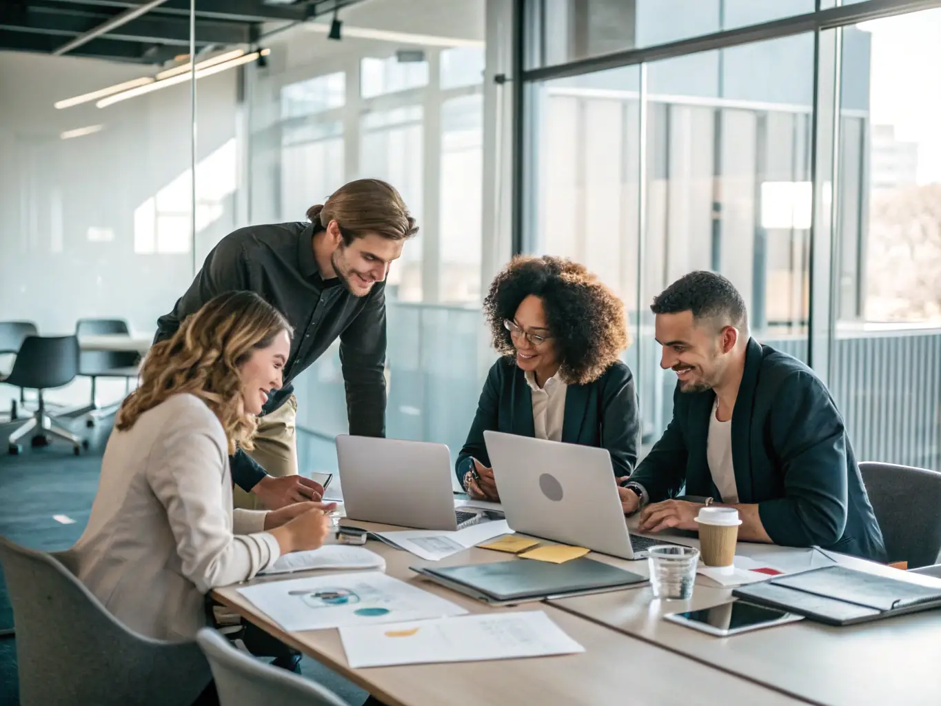 An image depicting a diverse team of professionals collaborating in a modern office setting, representing Alanlar Dijital's comprehensive service offering.