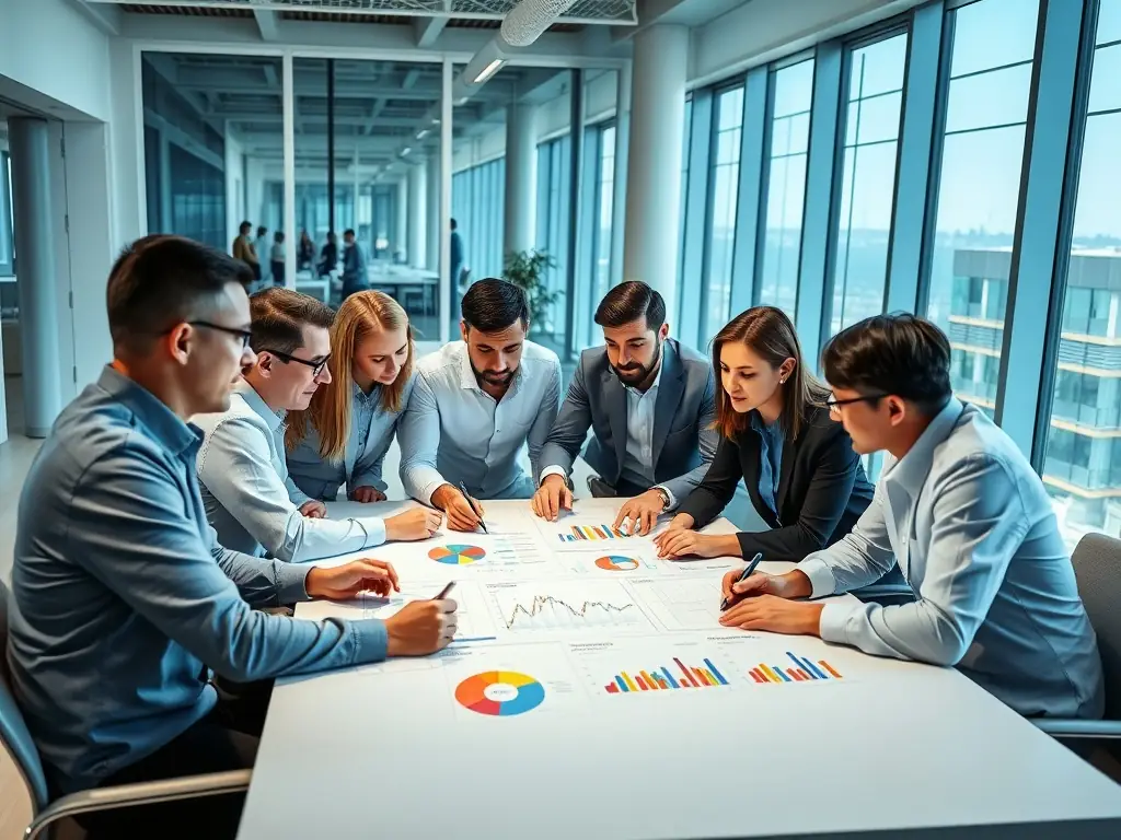 A detailed image depicting a team of analysts reviewing market data and trends on a large screen, symbolizing the initial analysis phase of market entry.